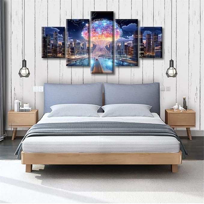 5 Panels Human Brain Energy Modern Wall Art Artificial Intelligence Concept Artwork Print On Canvas Bedroom Wall Art Human Brain Energy Pictures for Living Room Framed Ready to Hang, (60"Wx32"H)