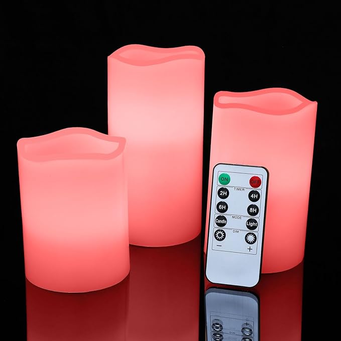 JUNPEI Flameless Led Battery Operated Candles: Flickering Electric Candles 4" 5" 6" Set of 3 Real Wax 10-Key Remote Control with 2/4/6/8-hours Timer Function,Cycling 24 Hours Timer, 300+ Hours (Pink)