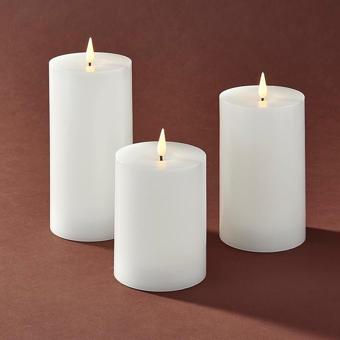 LampLust Realistic Flameless Pillar Candles with Remote, Set of 3, Batteries Included, Real White Wax, 3D Flickering LED Flame, 3 Inch Pillar Candles, Spring Decor, Centerpieces for Tables
