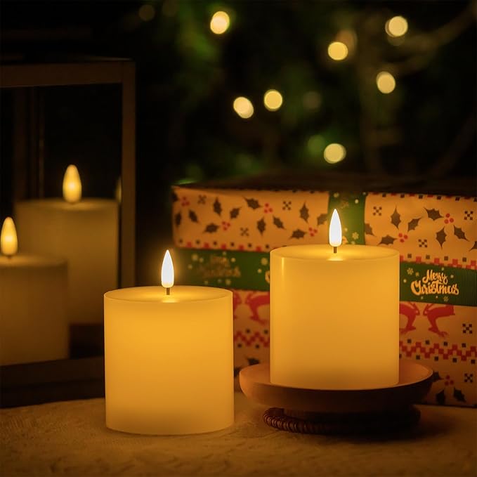 Flameless Candles Set of 2 (3x3 inch) Flickering LED Real Wax Candles Battery Operated with Remote Control Timers for Fireplace Bedroom Livingroom Party Dimmable White Pillars Flat top