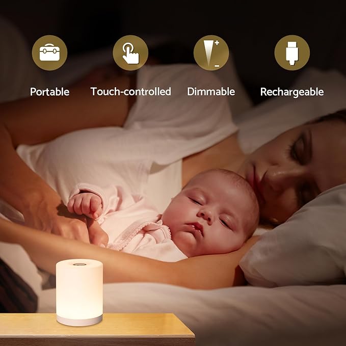 Portable Night Light for Baby Nursery, 2600mAh Rechargeable Battery Operated Touch Light with Warm Yellow, Dimmable Nursery Nightlight for Breastfeeding, Bedside, Travel