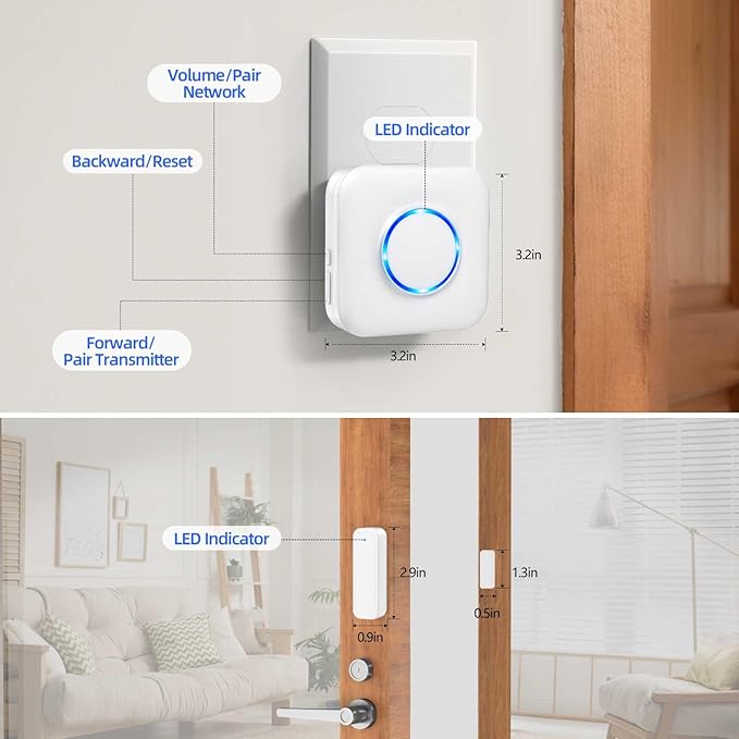 WiFi Door Sensor Chime, Smart Door Open Alert Window Sensor for Business/Home/Kids Safety, Real-Time App Notification, 500ft Range, 32 Melodies, 5 Volume Levels, Window Contact Sensor Alarm Kit