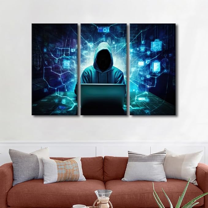 3 Pieces Framed Wall Art AI Big Data Canvas Painting Hacker Malware Pictures Canvas Print Home Office Modern Wall Decor Hacker Posters Giclee Gallery-Wrapped Framed Ready to Hang, 60" Wx40 H