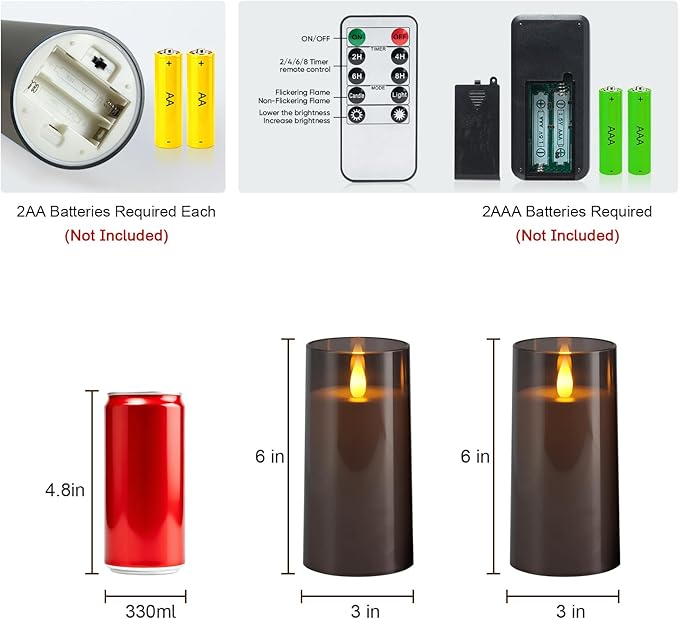Raycare Christmas Flameless Electronic Pillar Candles with Remote Control and Timer- Battery Operated Realistic Flickering LED Fake Candle for Home, Wedding Decor,Grey,Set of 2(3"x6"6")