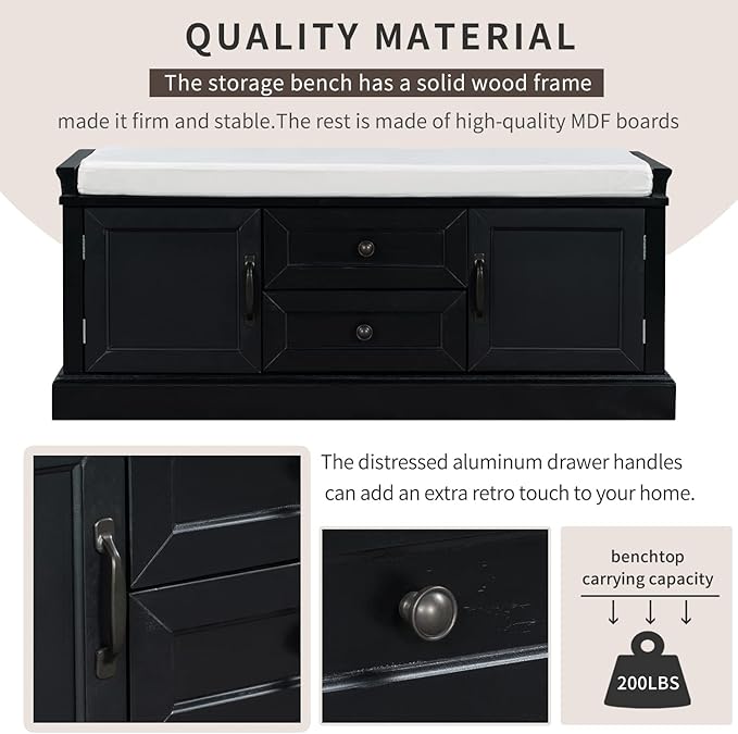 Entryway Storage Bench with Drawers & Cabinets — Cushioned Shoe Storage Bench for Hallway, Mudroom, or Living Room, Solid Wood Frame (Black)