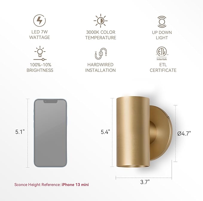 Tubicen Up Down Wall Sconce Gold Bright Indoor Dimmable Sconces Lighting Hardwired 7W 3000K LED Movie Theater Wall Lights for Living Room Hallway Stairway 5.4in Cylinder