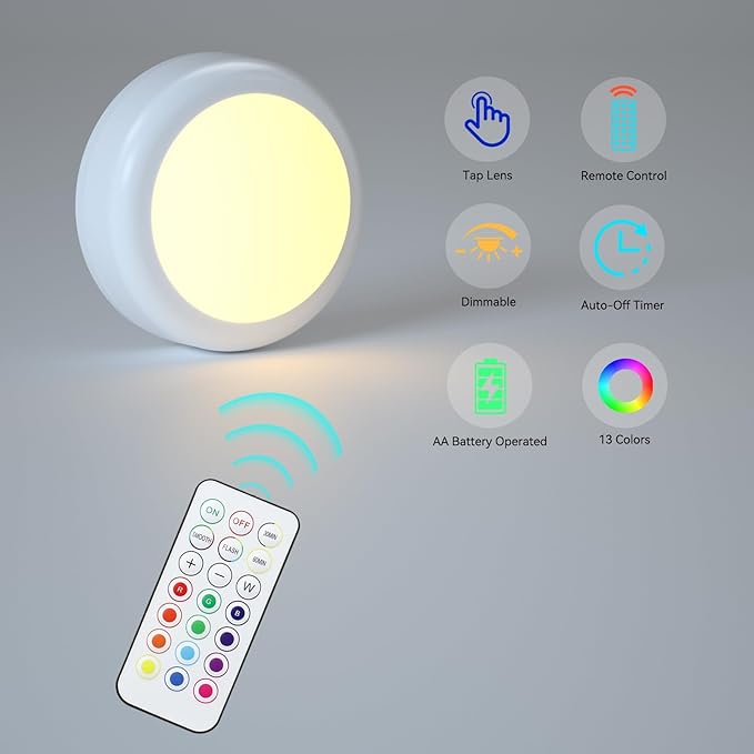 Battery Operated LED Puck Lights with Wireless Remote, 13 Color RGB - for Closet, Bedroom Wall, Under Cabinet, Battery Powered Push Lights. Convenient 3M Stick On(White, 3-Packs)