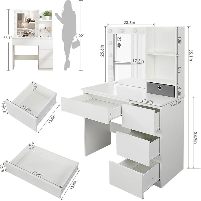 Fameill Makeup Vanity with Lights, 37inch Vanity Desk with Mirror and Lights 4 Drawers, 3 Lighting Modes Brightness Adjustable, White