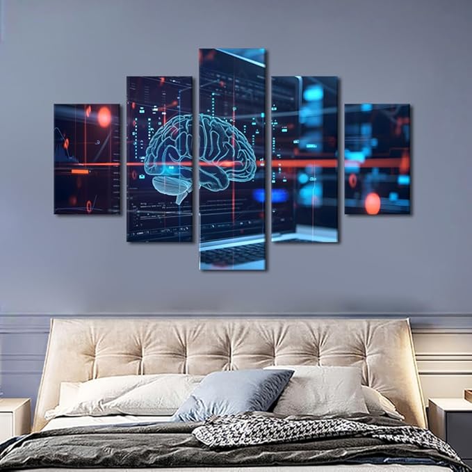 TUMOVO 5 Panel Artificial Intelligence Concept with Human Brain Wall Art for Bedroom Large Living Room Wall Decor Digital Brain on Modern Computer Background Poster Framed Ready to Hang 60" Wx40 H