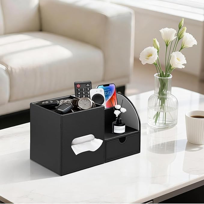 Leather Nightstand Organizer with Tissue Holder,Square Tissue Box Cover with Organizer, Decorative Modern Facial Paper Storage Box for Bathroom Living Room Vanity Table Countertop Office Black