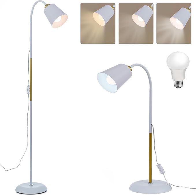 AoMck Floor Reading Lamp, Industrial Metal Floor Lamps for Living Room with Adjustable Bendable 2 in 1 Reading Table Lamps for Living Room Bedroom Office, 12W Bulb Included (White)