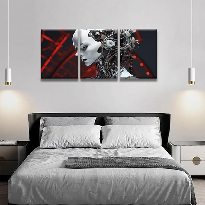 LSIUHWUWI Bedroom Wall Decor 3 Panel Futuristic AI with Striking Details Artwork Print on Canvas for Living Room Bedrooms Wall Decorations, Wooden Framed Ready to Hang 12x16inchx3