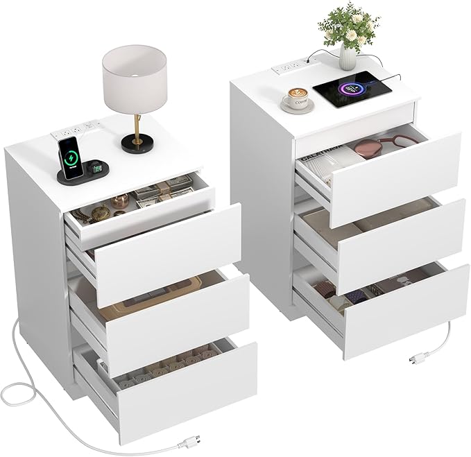Nightstand Set of 2, 26" H with Hidden Drawer, Bedside Table with Charging Station, 4 Drawers, Modern Night Stand for Bedroom, White