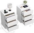 Nightstand Set of 2, 26" H with Hidden Drawer, Bedside Table with Charging Station, 4 Drawers, Modern Night Stand for Bedroom, White