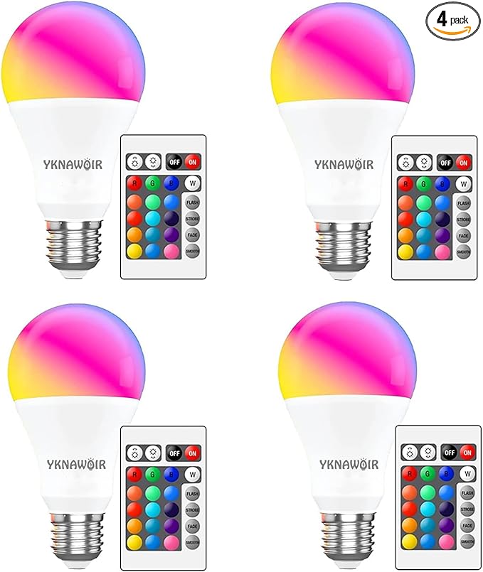 Color Changing Light Bulb with Remote, RGB Light Bulbs 9W A19 6500K White E27/E26, Memory,16 Color Choices Multicolor Dimmable LED Light Bulb 40W Equivalent for Party Bedroom Home - 4 Pack