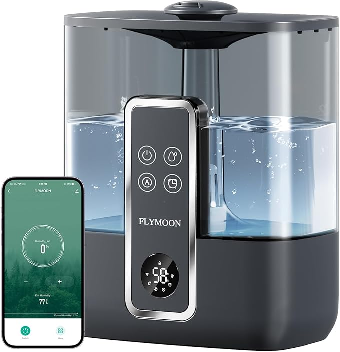 FLYMOON Humidifier for Bedroom, Top Fill 5L Cool Mist Humidifiers with 28dB, Humidifier for Large Room with Leak-Proof, Auto-Off, 12H Timer, 50 Hour Runtime,Tuya App Control, Black