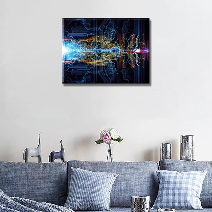 Abstract Technological Background Canvas Wall Art for Living Room Circuit Board Wall Painting Electronic PC Picture for Office Home Wall Decorations Framed Wall Decor Ready to Hang 12X16 INCH