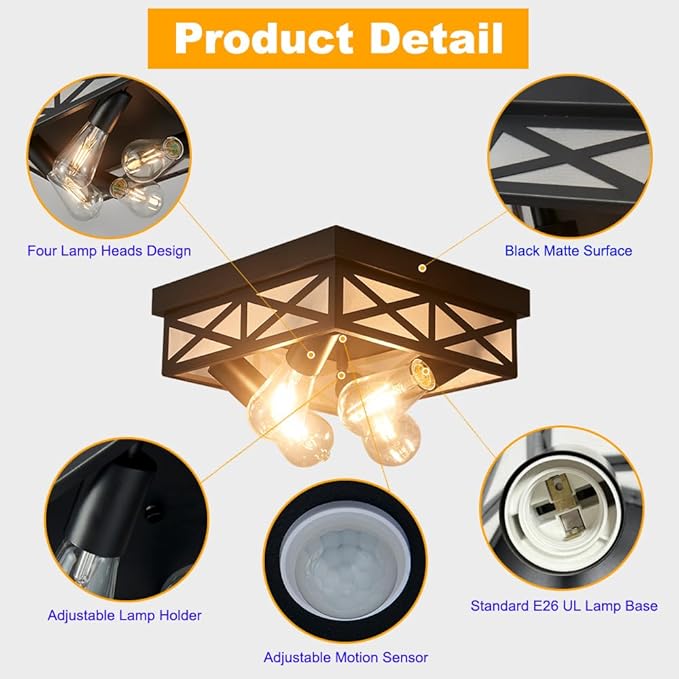 Farmhouse 4-Light Flush Mount Ceiling Lights,Adjustable Motion Sensor Square Ceiling Lamp for Entryway,Hallway,Porch,Patio,Storage Room and Garage,12in Matte Black Metal Modern Ceiling Light Fixture