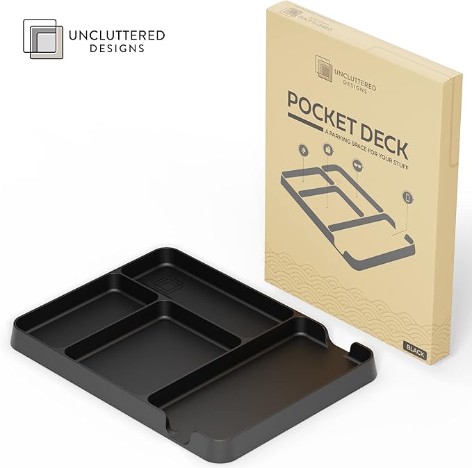 Pocket Deck Valet Tray (Black) for Men. Everyday Carry EDC Caddy Bamboo Organizer. Perfect for Night Stand, Bedside, Dresser, Desk, Office, Bedroom. with Phone Charger. Storage Slots for Wallet, Keys