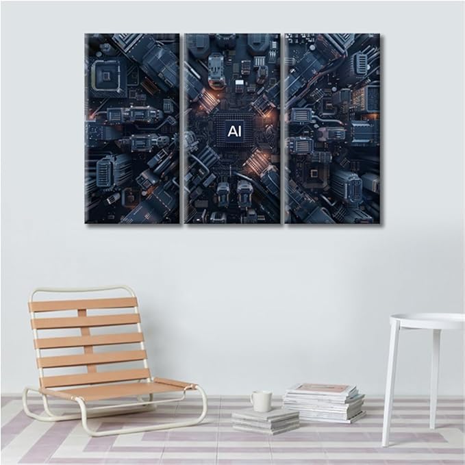 AI Advanced Circuitry Wall Art Decor 3 Panels Digital Intelligence Hub Pictures Circuit Board Pictures Painting Home Decor Print for Home Living Room Dining Room Framed Ready to Hang (36"Wx24"H)