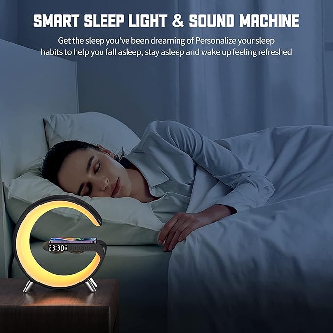 Smart Wireless Charging Alarm Clock with Bluetooth Speaker, App Controlled Bedside Lamp Table Light and Night Light, Bedroom Home Decor, Gift for Girls Boys and Family for Birthday Christmas (Black)