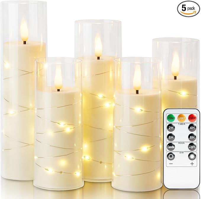Homemory Ivory Flameless LED Candles with Remote Control & Timer, Battery Operated Star Lights, Fake Candles, Star Lights Set of 5 for Wedding Decor