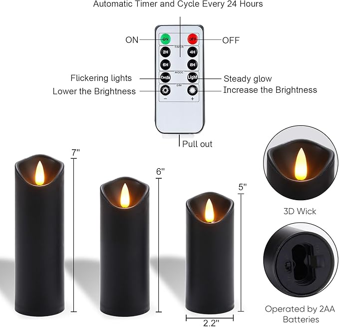 Homemory Black Flameless Candles, Halloween Candles, Battery Operated Candles, LED Pillar Candles with Remote Control and Timers, Set of 9