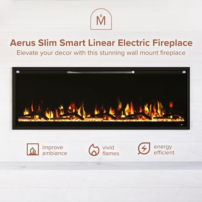 Modern Ember Aerus Slim 50 Inch Smart Linear Electric Fireplace | Recessed in-Wall or Wall-Mount | LED Multiple Flame Colors | Alexa/WiFi Enabled | 4.25” Profile | Remote Included