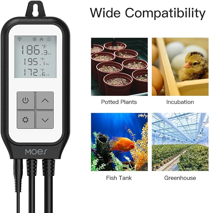 MOES Smart WiFi Cooling Heating Thermostat Outlet, Tuya Digital Temperature Controller Sensor Plug for Reptile Fermenter Brewing Breeding Heat Mat, Smart Life Remote Control, -22-221℉,10A 1250W