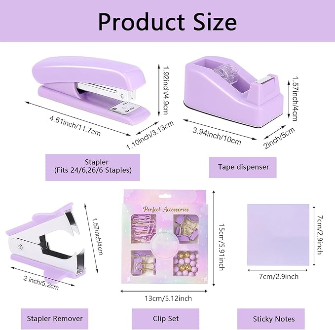 suniya Office Supplies,Desk Accessories,Tape Holder,Stapler,Scissor,Staple Remover,Box of Binder Clips,Staples,Ballpoint Pen,Sticky Notes,Clear Tape,Ruler,Office Supplies Set Purple
