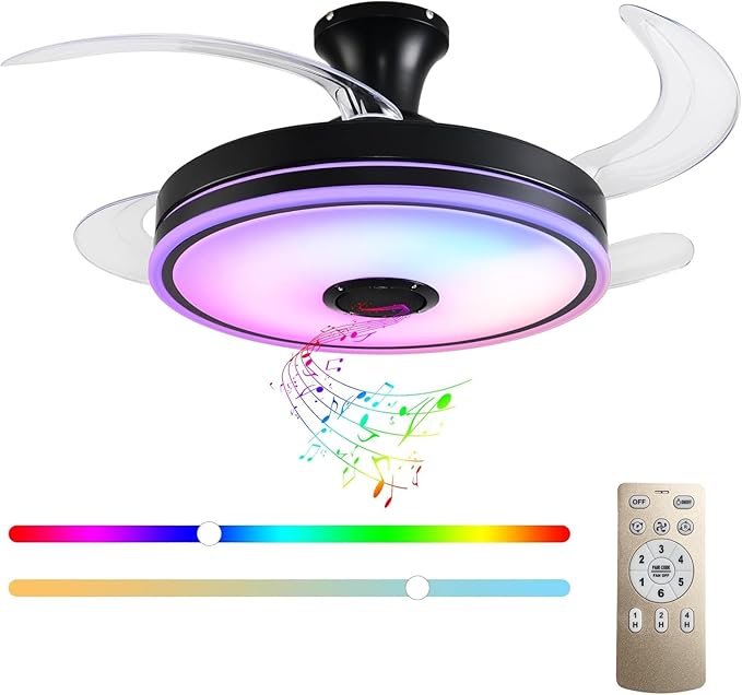 42'' Retractable Ceiling Fan with Lights, Smart Ceiling Fan Light with Bluetooth Speaker, App Control for Dimming & RGB Color Change Reversible Bedroom Living Room