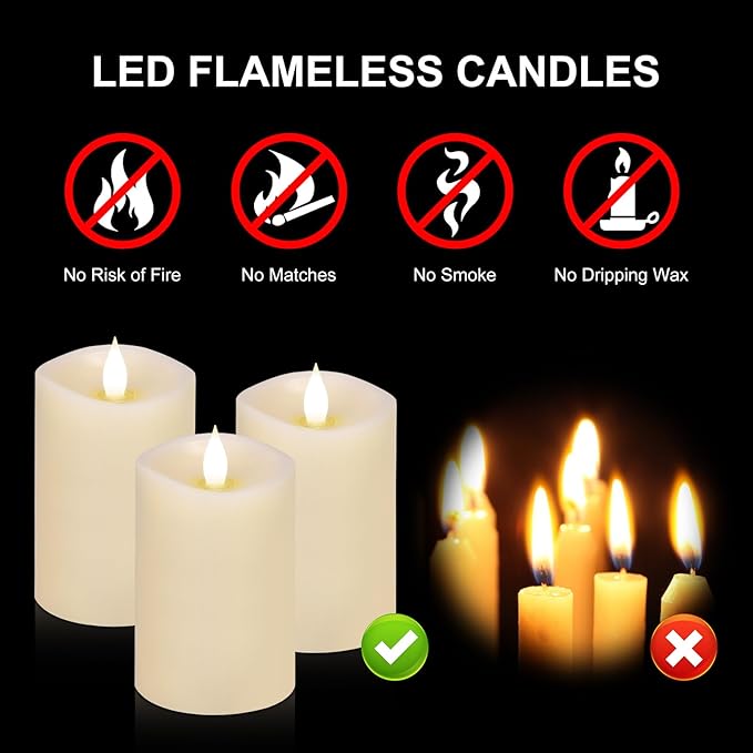 3PCS, 3 x 5 inches Flameless Candle with Remote Control, 3D Flickering Wick, Real Wax, Battery Candles,with Timer,Battery Powered Candles,for Holiday Home Decor,Ivory