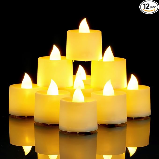 Amagic 12/24/50/100/150 Pack LED Tea Lights, Flameless Votive Candles, Battery Operated Tealights Candles for Halloween, Christmas, Home Decor, Wedding,Theme Party, Festival（12 Pack, Warm Ivory）
