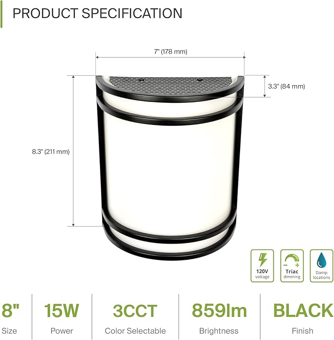 ASD LED Indoor Wall Mount Light Fixture - 8 Inch 15W Modern Interior Matte Black Dimmable Wall Sconce Light - ETL 3000K 4000K 5000K Adjustable - Hallway, Bedroom LED Wall Lights