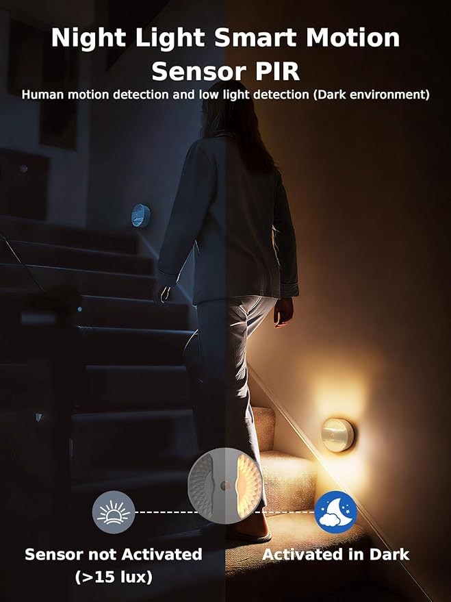 Smiling Shark BR168 Linkage Motion Sensor Night Light LED Smart Linked PIR & Light Sensing, Rechargeable Magnetic Stick-On Connected Smart Warm Night Step Lights for Bedroom Hallway Stairs, 3 Pack