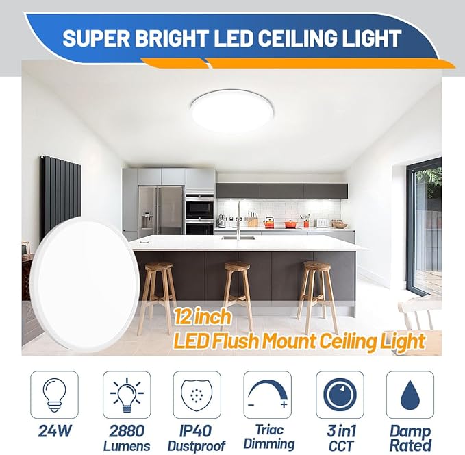 Allsmartlife Flush Mount Led Ceiling Light 2 Pack, 24W 2880lm,3000K/4000K/6500K, 12 inch Ceiling Light for Bedroom, Bathroom, Laundry Room, Kitchen