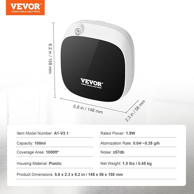 VEVOR Scent Air Machine for Home, 100ML Smart Essential Oil Diffuser with Cold Air Tech, Waterless Scent Air Diffuser with USB & Battery Powered, Cover Up to 1000 Sq.Ft for Living Room, Bath Room, Spa