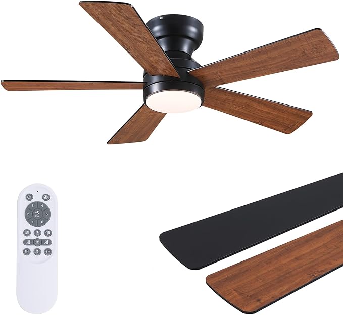 Ceiling Fans with Lights Flush Mount - 46in Low Profile Ceiling Fan Remote Control with 5 Dual-Sided Blades, Reversible 6 Speeds, Dimming & 2H Timing, Indoor Fan Light for Bedroom, Kitchen