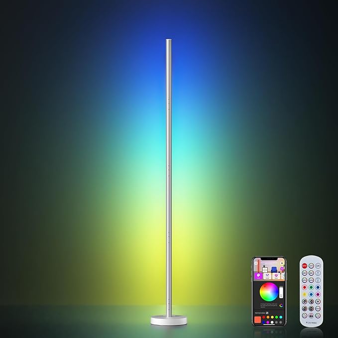 Smart RGBICW LED Corner Floor Lamp - 16 Million DIY Colors, 68+ Scenes, Music Sync, App & Remote Control, Color-Changing Ambient Lighting for Living Rooms, Bedrooms, and Gaming Rooms, White