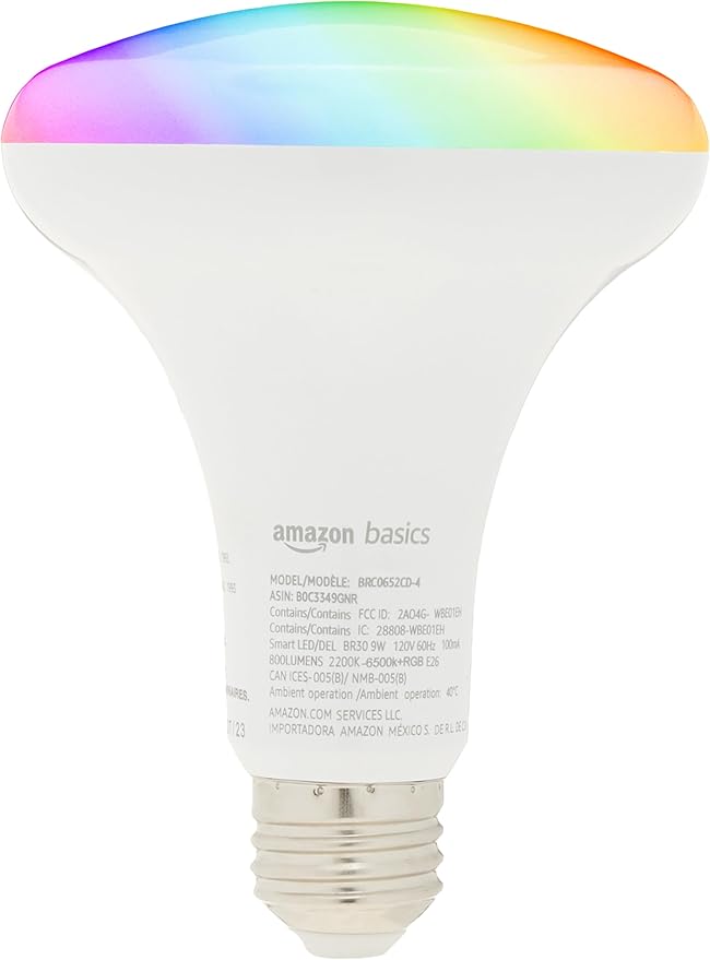 Amazon Basics Smart BR30 LED Light Bulb, Color Changing, 9W (60W Equivalent), 800LM, Works with Alexa Only, 2.4 GHz Wi-Fi, No Hub Required, 1 Pack