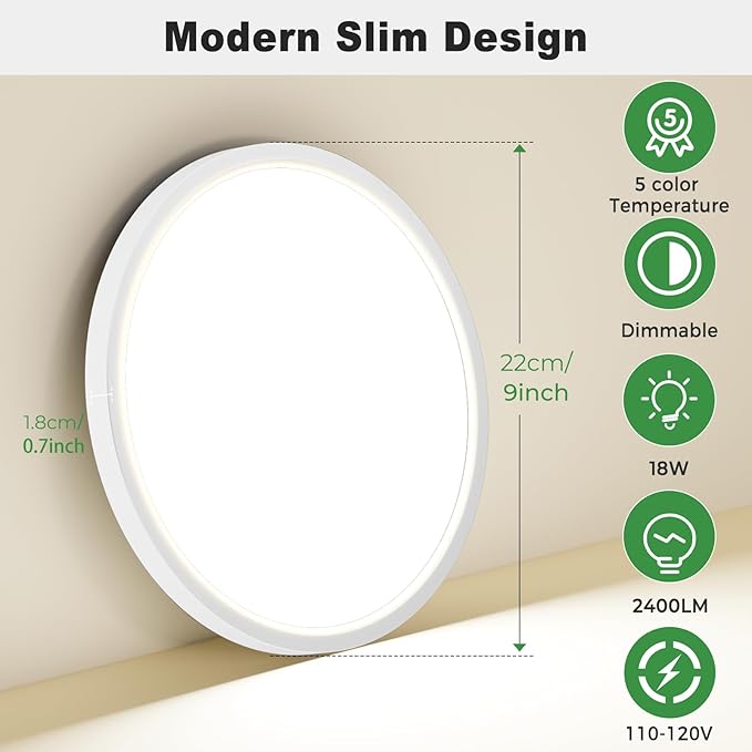 zemty 1Pack LED Flush Mount Ceiling Light, 9Inch 18W Dimmable Ceiling Lights Fixture, 5 Color Temperatures (3000K-6500K) White Round Ceiling Lamp for Bedroom, Kitchen, Hallway,Bathroom