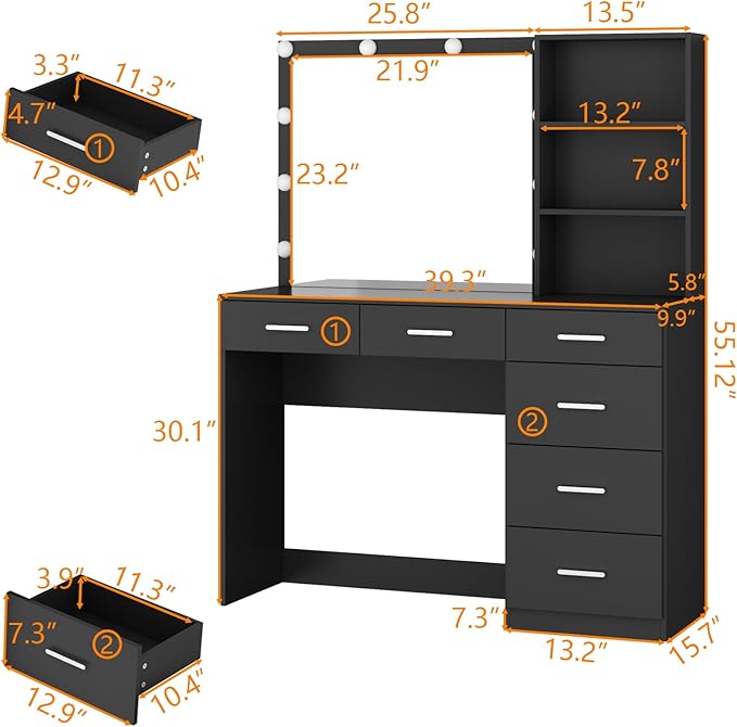 39 Inches Black Vanity Desk with Lights, 6-Drawers Makeup Vanity Table with Power Strip and Storage Shelves, Dressing Table with Lighted Mirror for Women Girls (Black)