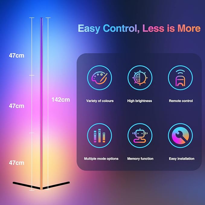 RGB Corner Floor Lamp,Corner Lamp,RGB Floor Lamp,Corner Light,RGB Lamp,Floor Lamp for Living Room,Gaming Room,Party,DIY Modes,Remote Control,No APP