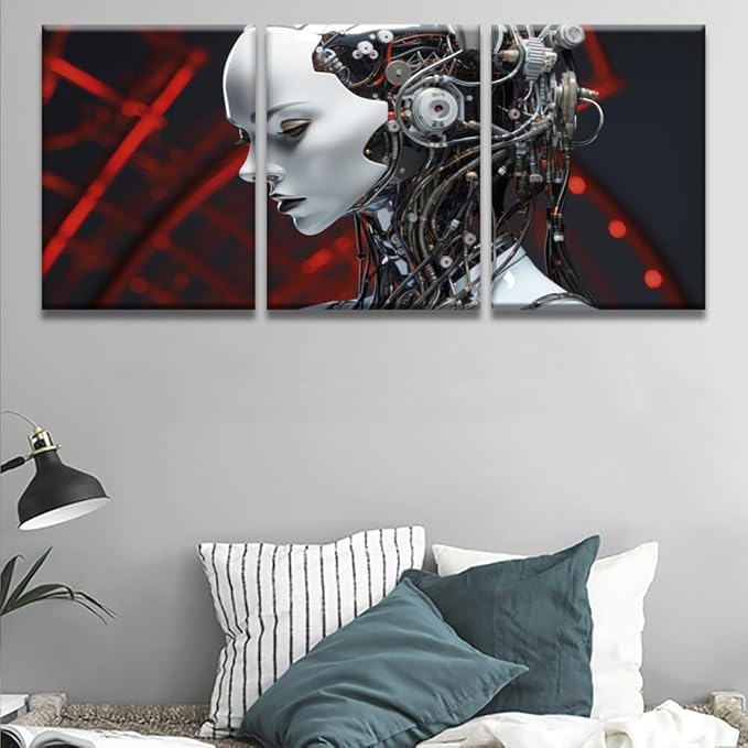 LSIUHWUWI Bedroom Wall Decor 3 Panel Futuristic AI with Striking Details Artwork Print on Canvas for Living Room Bedrooms Wall Decorations, Wooden Framed Ready to Hang 12x16inchx3