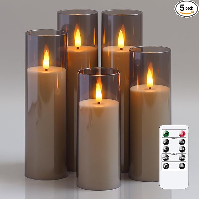 Acrylic Flameless Flickering Candles with Remote Control and Timer, Battery Operated LED Fake 2.2" x 5",6",7",8",8" Plastic Pillar Candles for Home Decor(Long-Lasting, Grey)