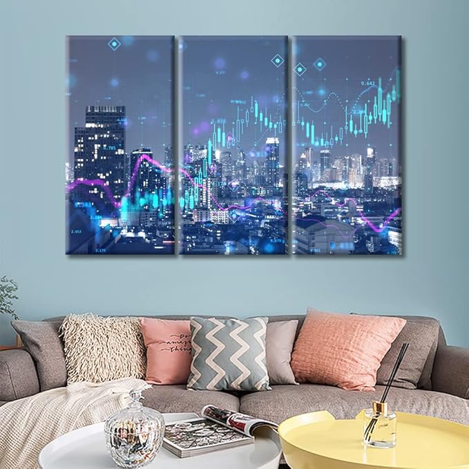 TUMOVO 3 Pieces Digital Financial Stock Market Chart on Technology Abstract Background and Night City Skyline Pictures Wall Decor Living Room Modern Home Decor Framed Ready to Hang (36" Wx24 H)
