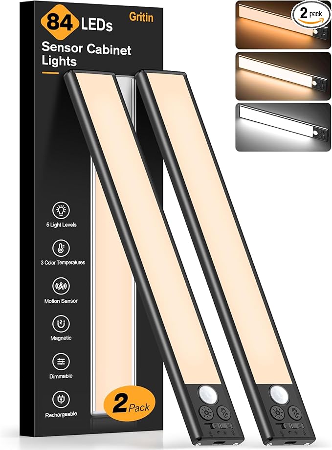 Gritin 10.2inch Under Cabinet Lighting Rechargeable 2 Pack- 3 Color Temps&5 Level Brightness, Super Bright, 4 Modes, Motion Sensor, Long Lasting - Easy Installation Magnetic Under Closet Lights-Black