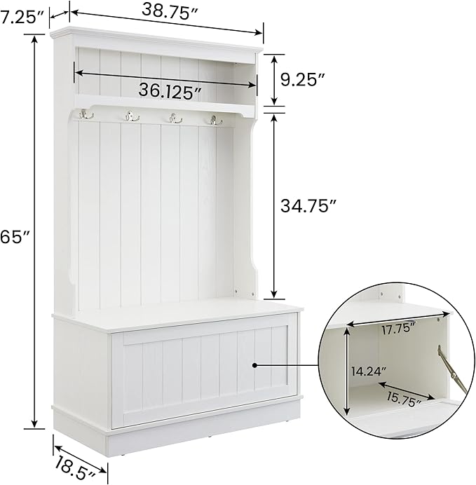 Modern Style 3-In-1 Entryway Hall Tree with Coat Racks and Storage Shelf,Bench and Shoe Cabinet,4 Hooks for Entrance,Hallway,Easy Assembly