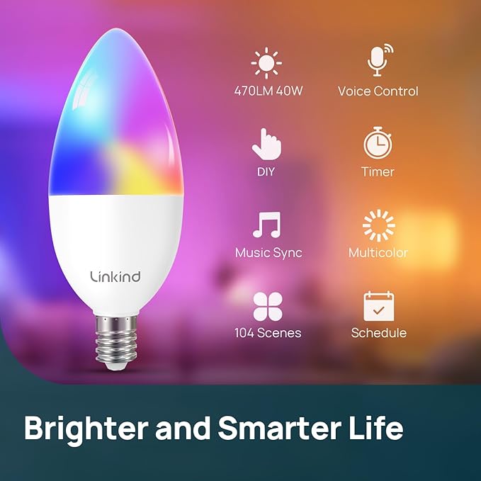 Linkind Matter Smart Bulbs, E12 Led Bulb Works with Alexa/Apple Home/Google Home, 2.4Ghz WiFi RGBTW Smart Light Bulbs, 6 Pack