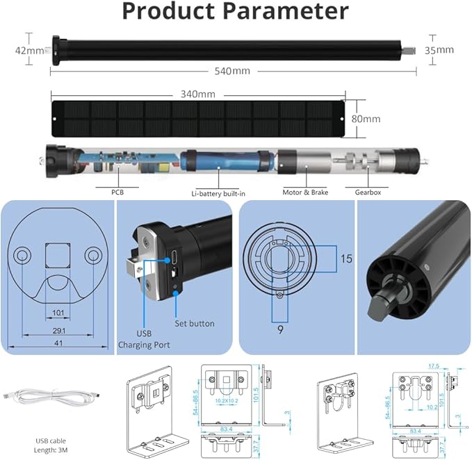 Smart ZigBee Roller Shade Motor with Solar Panel, Retrofit Electric Blind Motor, 5000mAh Rechargeable, Compatible with Alexa/Google Home, High Torque Kit (10 N.m for Φ50mm (2") Round Tube)